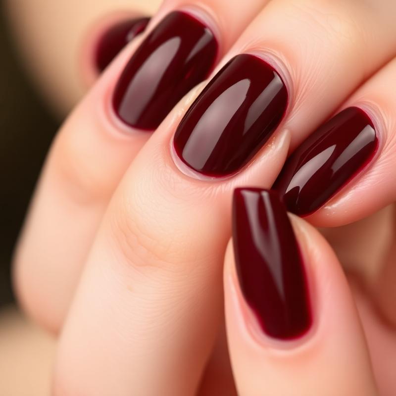 Unhas das mãos com esmalte vinho brilhante