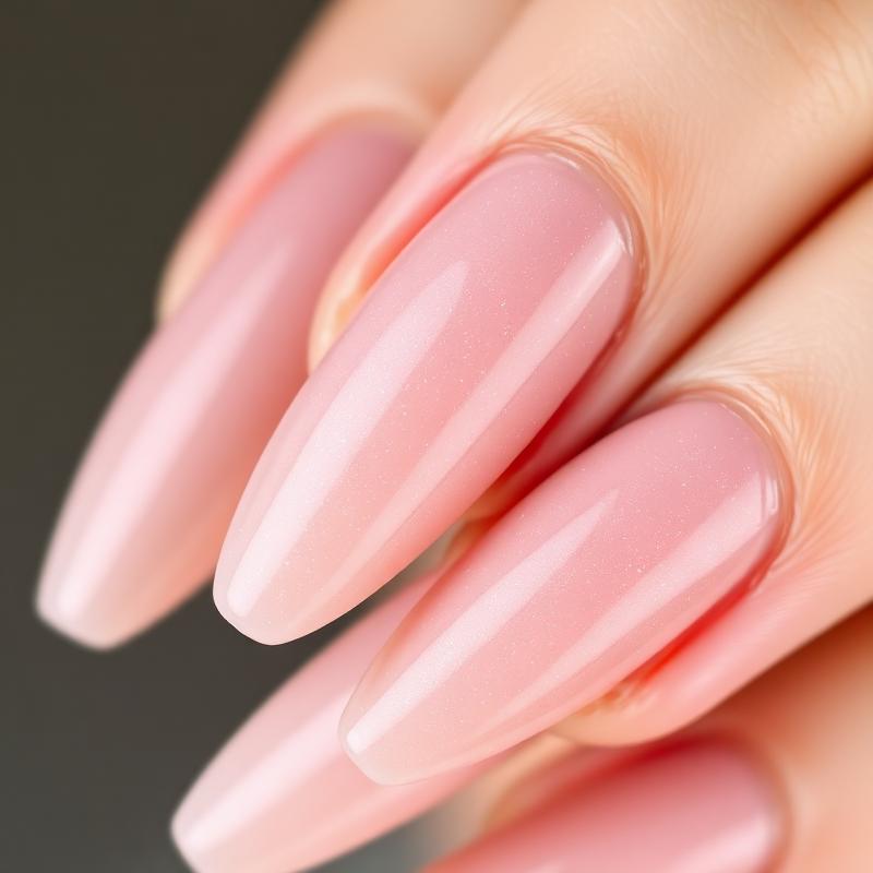 Unhas ovaladas com esmalte rosa perolado